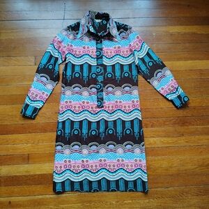 60s Vintage Geometric Dress Womens Medium Large Mod Retro Patterned Minidress